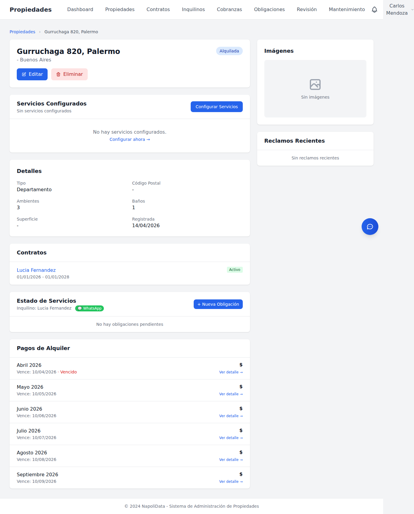 Detalle de propiedad con contrato y pagos